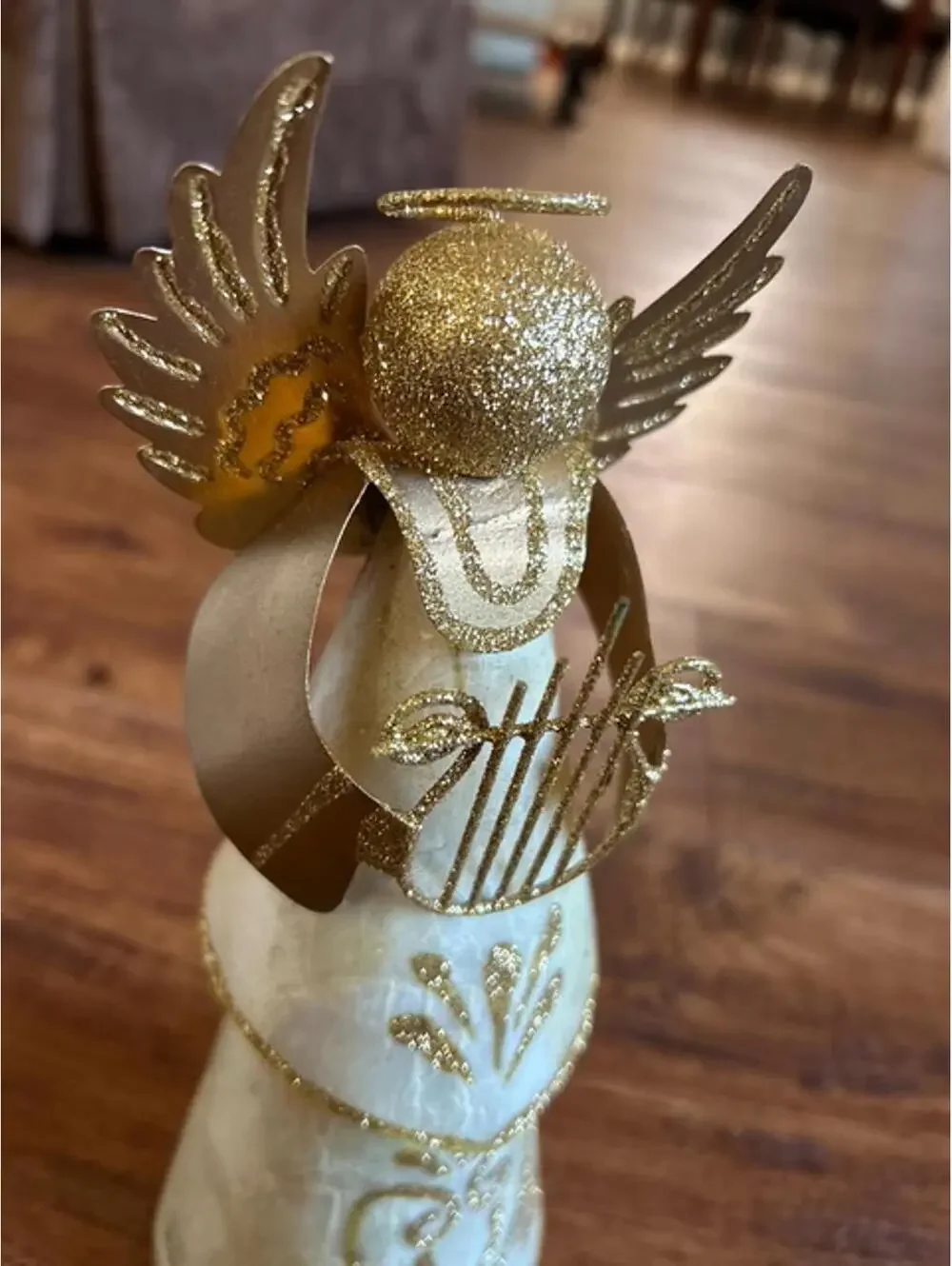 Pier 1 Decorative Gold and White Angel Figurine with Glitter Accents